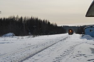 An incoming train in South River, Ontario